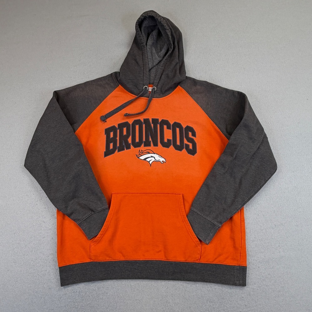 NFL Team Apparel Denver Broncos Hoodie Mens XL Orange Gray Raglan Sweatshirt